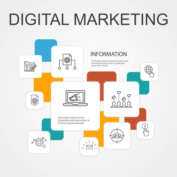 Цифровой маркетинг, графический 10-линейный подход, интернет, маркетинговые исследования, социальные кампании, оплата за клик.
