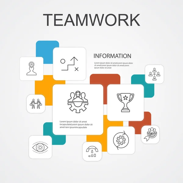 Teamwork infographic 10 line icons template. samenwerking, doel, strategie, prestatie pictogrammen — Stockvector