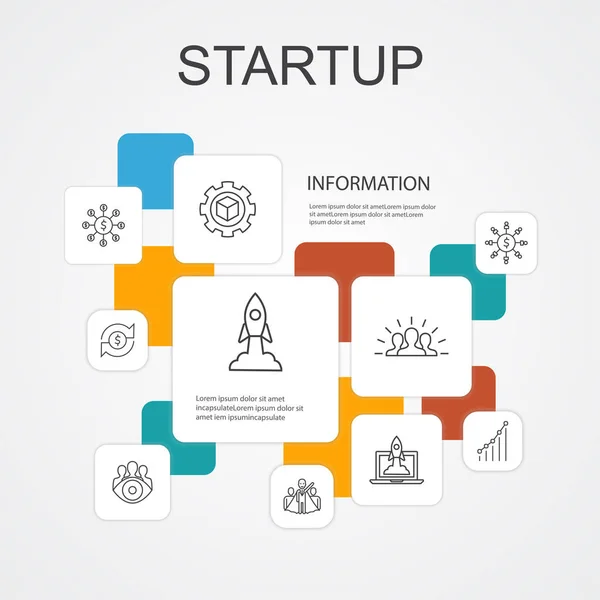 Startup Infographie 10 icônes de ligne template.Crowdfunding, Lancement d'entreprise, Motivation, Icônes de développement de produits — Image vectorielle