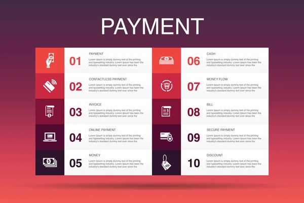 Betaling infographic 10 Option template. Factuur, geld, rekening, kortings pictogrammen — Stockvector