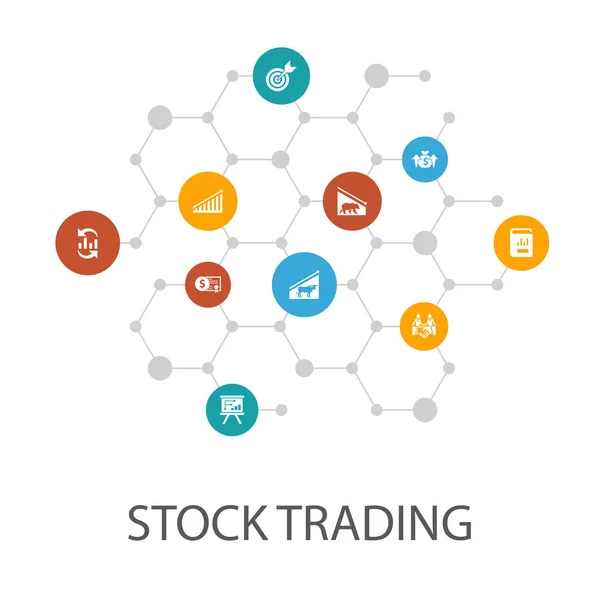 Stock trading presentation template, cover layout and infographics. bull market, bear market, annual report, icons — Stock Vector