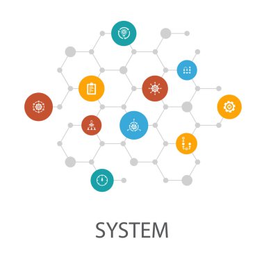 sistem sunum şablonu, kapak düzeni ve bilgi grafikleri. yönetim, işleme, plan, simgeler