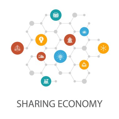 Ekonomi sunu şablonu, kapak düzeni ve bilgi grafikleri paylaşımı. coworking, araba paylaşımı, Crowdfunding, simgeler