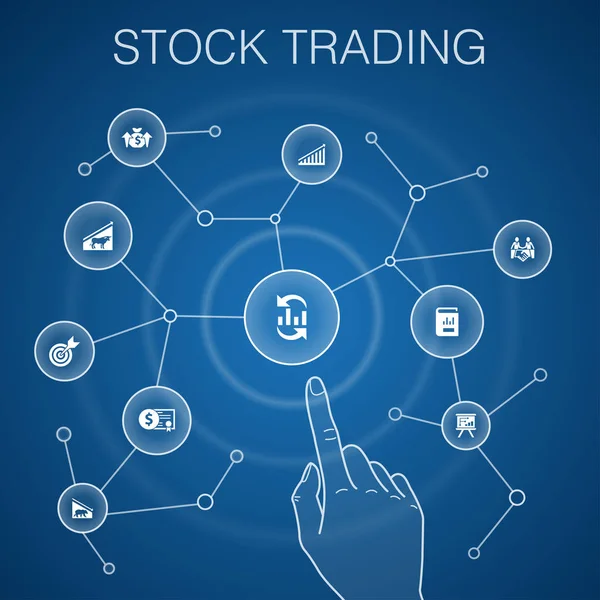 Aktiehandel koncept, blå bakgrund. Bull Market, Bear Market, årsredovisning, mål ikoner — Stock vektor
