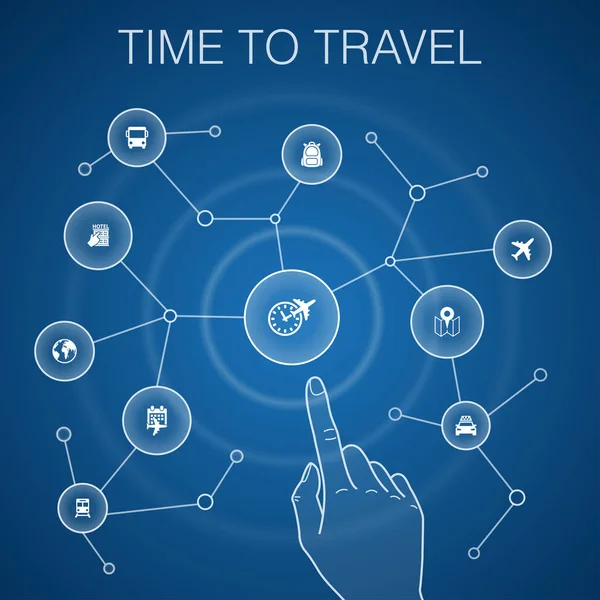 Tiempo para viajar concepto, azul background.hotel reserva, mapa, avión, iconos — Vector de stock
