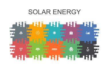 Düz elemanları ile Güneş enerjisi karikatür şablonu. Sun, pil, yenilenebilir enerji gibi simgeler içerir
