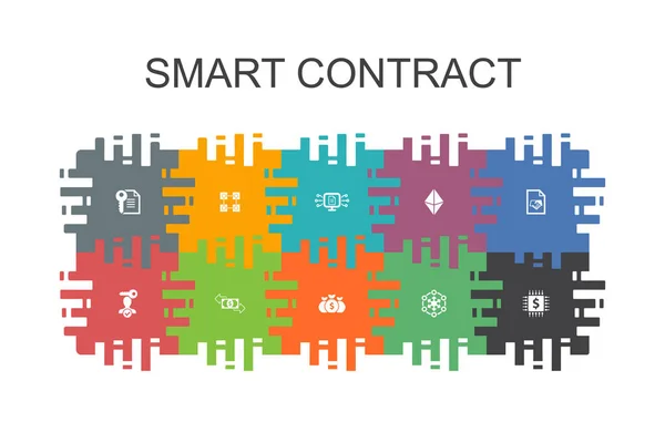 Smart Contract modello di cartone animato con elementi piatti. Contiene icone come blockchain, transazione, decentramento — Vettoriale Stock