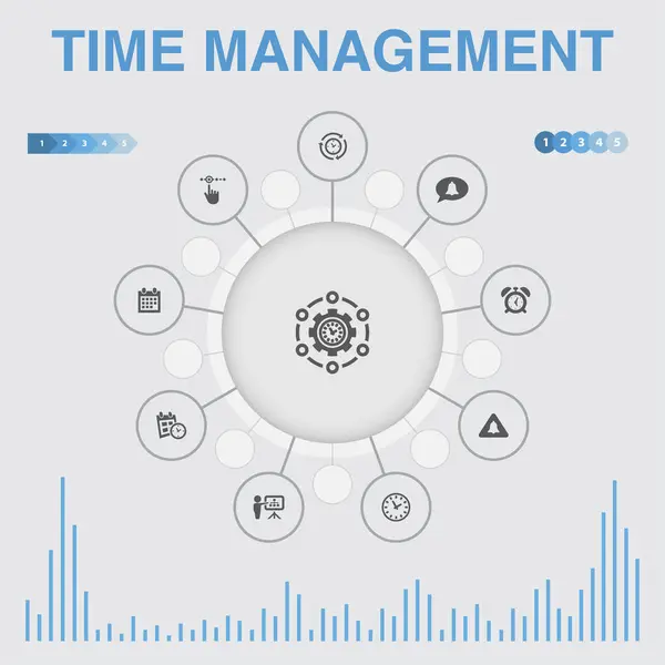 Infografía de Gestión del Tiempo con iconos. Contiene iconos tales como la eficiencia, recordatorio, calendario — Archivo Imágenes Vectoriales