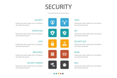 Güvenlik Infographic 10 seçenek kavramı.koruma, güvenlik kamerası, anahtar, bomba simgeleri