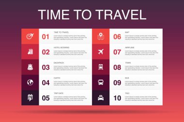 seyahat zamanı Infographic 10 seçenek template.hotel rezervasyon, harita, uçak, tren simgeleri