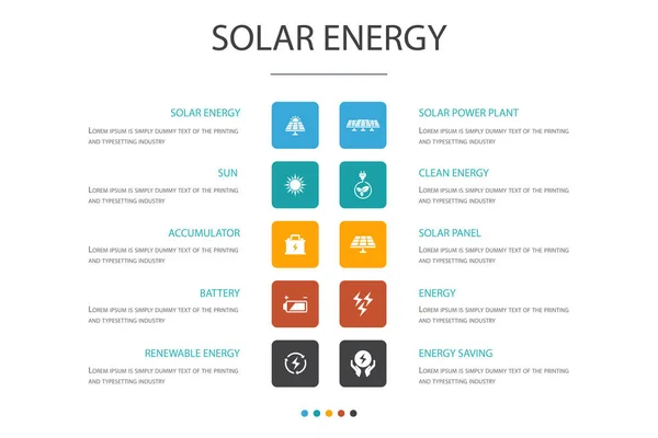Solarenergie Infografik 10 Optionskonzept.Sonne, Batterie, erneuerbare Energien, Symbole für saubere Energie — Stockvektor