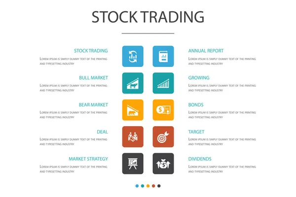 Negociação de ações Infográfico 10 opção concept.bull mercado, urso mercado, relatório anual, ícones-alvo —  Vetores de Stock