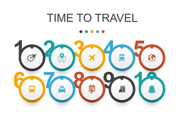 Tiempo para viajar Plantilla de diseño infográfico. reserva de hotel, mapa, avión, iconos de tren — Vector de stock