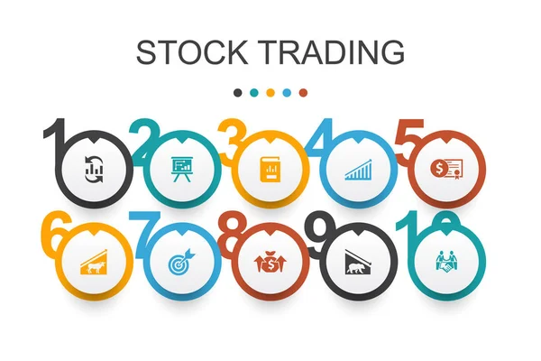 Negociação de ações Infográfico modelo de design. mercado de touros, mercado de ursos, relatório anual, ícones-alvo —  Vetores de Stock