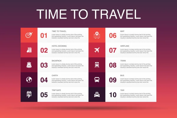 Czas podróży Infografika 10 szablon opcji. rezerwacja hotelu, mapa, samolot, ikony pociągu — Wektor stockowy