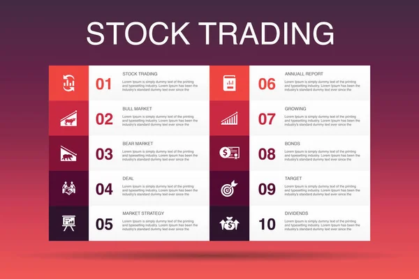 Stock kereskedelmi infographic 10 lehetőség template. Bull piac, medve piac, éves jelentés, cél ikonok — Stock Vector