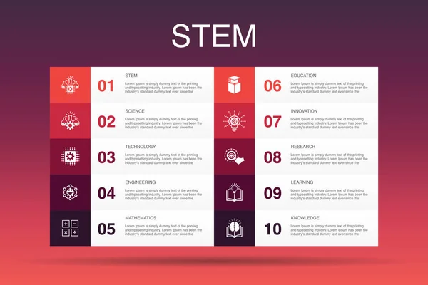 ステムインフォグラフィック10オプションテンプレート.科学、技術、工学、数学のアイコン — ストックベクタ