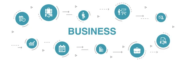 Business infographic 10 stappen cirkel ontwerp. zakenman, aktetas, kalender, grafiek pictogrammen — Stockvector