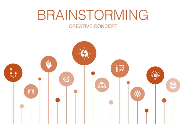 Brainstorming Infografía plantilla de 10 pasos. imaginación, idea, oportunidad, iconos de trabajo en equipo — Vector de stock