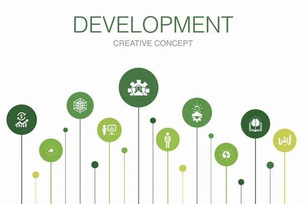 Infografía de desarrollo Plantilla de 10 pasos. solución global, conocimiento, inversionista, Iconos de lluvia de ideas — Vector de stock