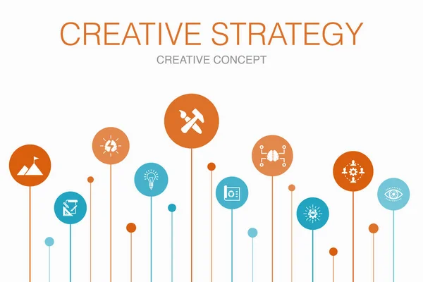 Infografía de estrategia creativa Plantilla de 10 pasos. visión, lluvia de ideas, colaboración, iconos del proyecto — Vector de stock