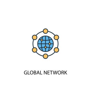 global ağ kavramı 2 renkli çizgi simgesi. Basit sarı ve mavi eleman illüstrasyon. küresel ağ kavramı anahat sembolü