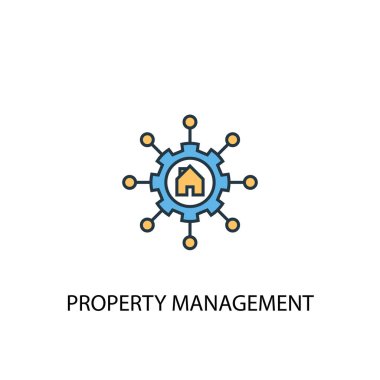 Özellik yönetimi kavramı 2 renkli çizgi simgesi. Basit sarı ve mavi eleman illüstrasyon. Emlak yönetimi kavramı anahat sembolü
