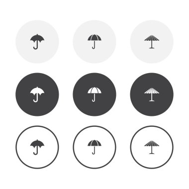 3 basit tasarım şemsiye simgeleri ayarlayın. Yuvarlak arka plan şemsiye koleksiyonu