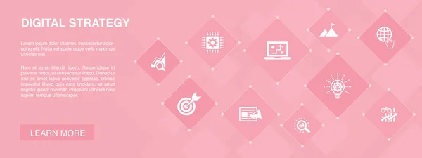 Concepto de banner de estrategia digital 10 iconos. Internet, SEO, marketing de contenidos, iconos de la misión — Vector de stock