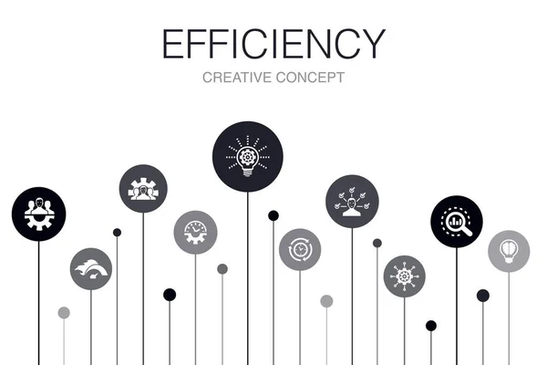 Infografía de eficiencia Plantilla de 10 pasos. gestión del tiempo, velocidad, multitarea, iconos de trabajo en equipo — Vector de stock