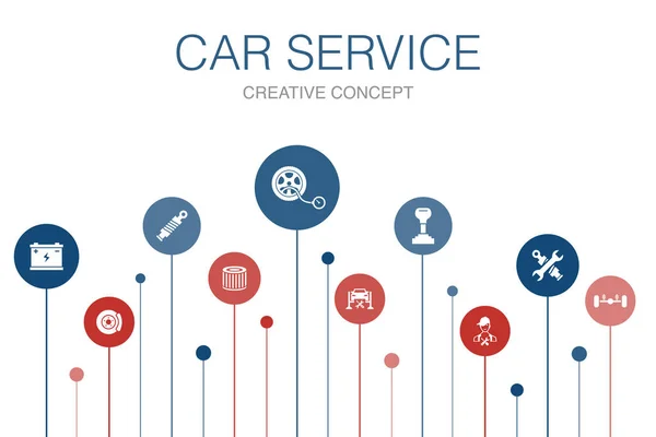 Serviço de carro Infográfico 10 passos modelo. freio de disco, suspensão, peças de reposição, ícones de transmissão — Vetor de Stock