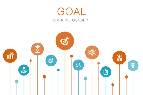 Goal Infographic 10 pasos template.target, wish, task, goal setting icons — Vector de stock