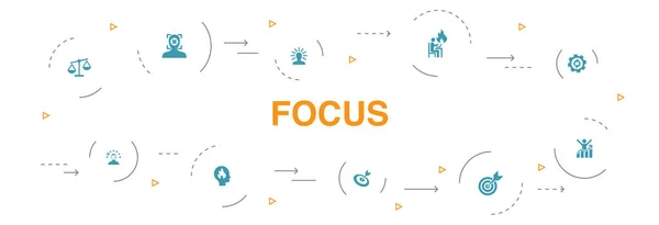 Focus Infographie Conception de cercle en 10 étapes. cible, motivation, intégrité, icônes de processus — Image vectorielle
