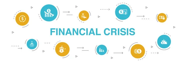 金融危機インフォグラフィック10ステップサークルデザイン。財政赤字、不良債権、政府債務、借り換えアイコン — ストックベクタ