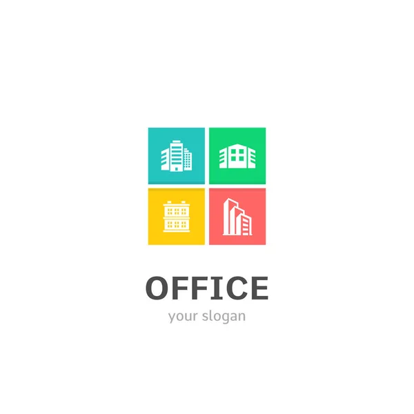 Office ikoner Flat stil logotyp design med Business Center, byggnad, konstruktion, hus ikoner. Trendig, kreativ, korporativ logotyp-mall. — Stock vektor