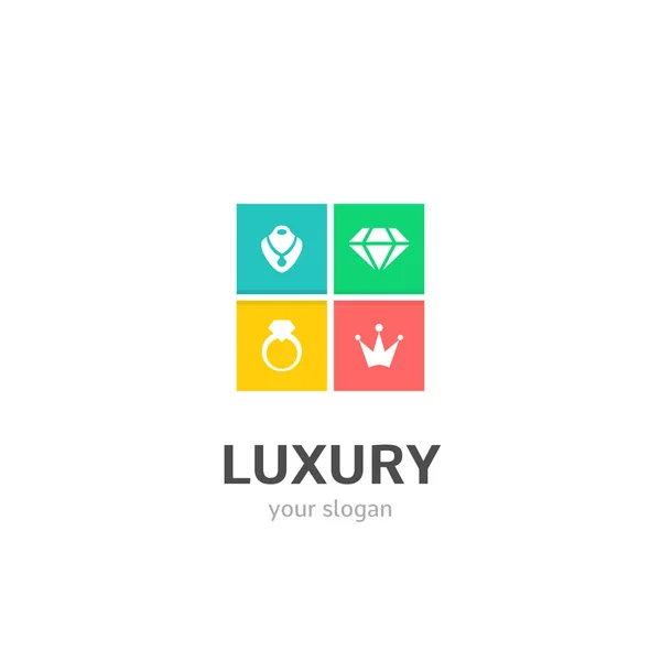 Ícones de luxo logotipo estilo plano Design com colar, diamante, anel, ícones da coroa. Modelo de logotipo corporativo, criativo e moderno . — Vetor de Stock