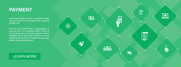 Betaling banner 10 icons concept. Factuur, geld, rekening, kortings pictogrammen — Stockvector