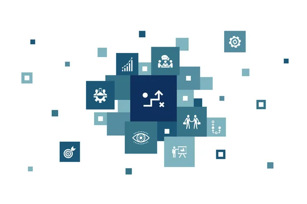 Estratégia Infográfico 10 passos pixel design.goal, crescimento, processo, ícones de trabalho em equipe —  Vetores de Stock