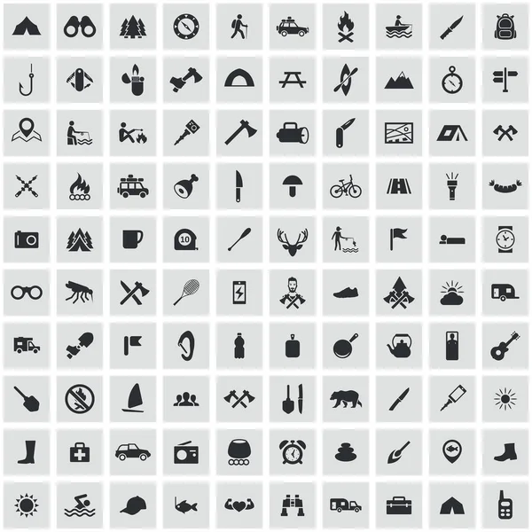 Camping 100 iconos conjunto universal para web e interfaz de usuario . — Archivo Imágenes Vectoriales