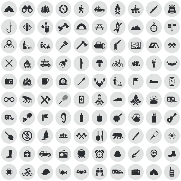 Camping 100 iconos conjunto universal para web e interfaz de usuario . — Archivo Imágenes Vectoriales