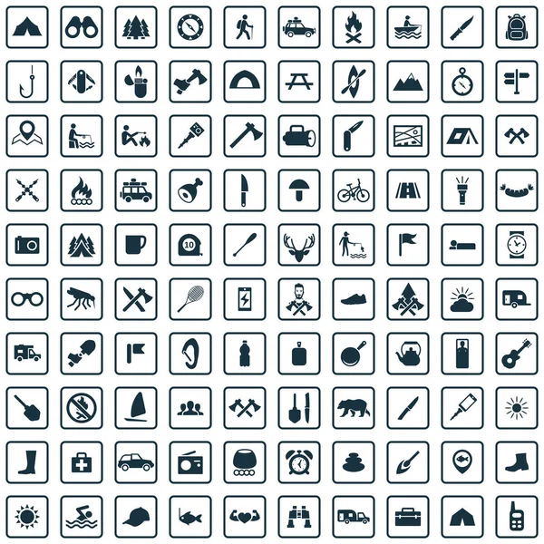 Camping 100 iconos conjunto universal para web e interfaz de usuario . — Archivo Imágenes Vectoriales