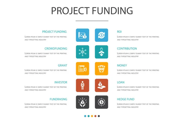 Financiación del proyecto Infografía Concepto de 10 opciones. crowdfunding, subvención, recaudación de fondos, iconos de contribución — Vector de stock