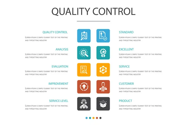 품질 관리 인포 그래픽 10 옵션 개념. 분석, 개선, 서비스 수준, 우수한 아이콘 — 스톡 벡터