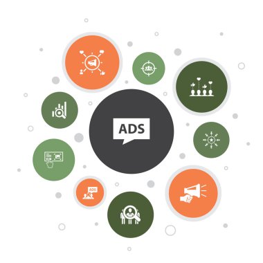 reklam Infographic 10 adım kabarcık tasarım. Pazar araştırması, Tanıtım, Hedef grup, Marka Bilinirliği simgeleri