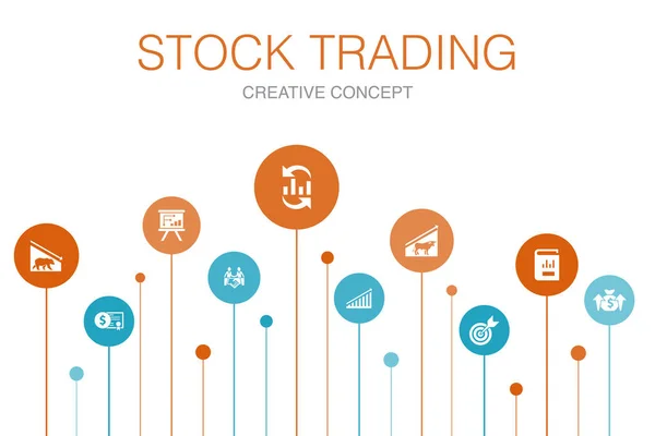 Торгівля акціями Шаблон інфографіки 10 кроків. бульбашковий ринок, ведмідь ринок, річний звіт, цільові іконки — стоковий вектор
