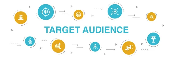 Target audience Infografía 10 pasos círculo design.consumer, demografía, nicho, iconos de promoción — Vector de stock