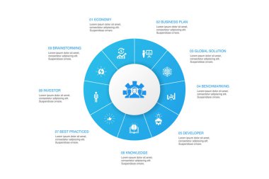 Geliştirme Infographic 10 adım daire tasarımı. küresel çözüm, bilgi, yatırımcı, Brainstorming simgeler