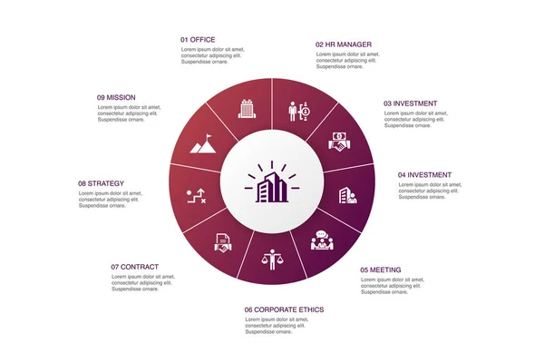 Firmeninfografik 10 Schritte Kreisdesign. Büro, Investitionen, Besprechungen, Vertragssymbole — Stockvektor