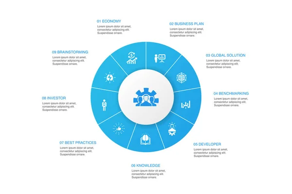 Entwicklung Infografik 10 Schritte Kreis-Design. Globale Lösung, Wissen, Investor, Brainstorming-Ikonen — Stockvektor