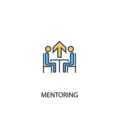 Mentorluk kavramı 2 renkli çizgi simgesi. Basit sarı ve mavi eleman illüstrasyon. Mentorluk konsept anahat tasarımı